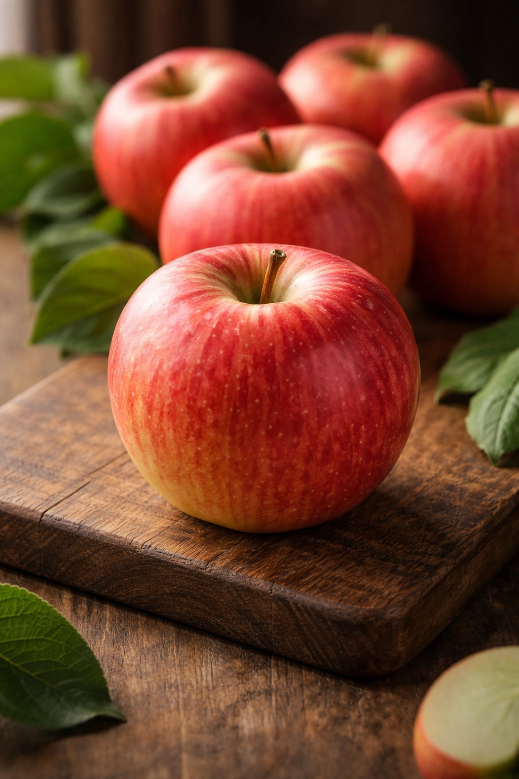 Bright Fuji apple on a wooden board