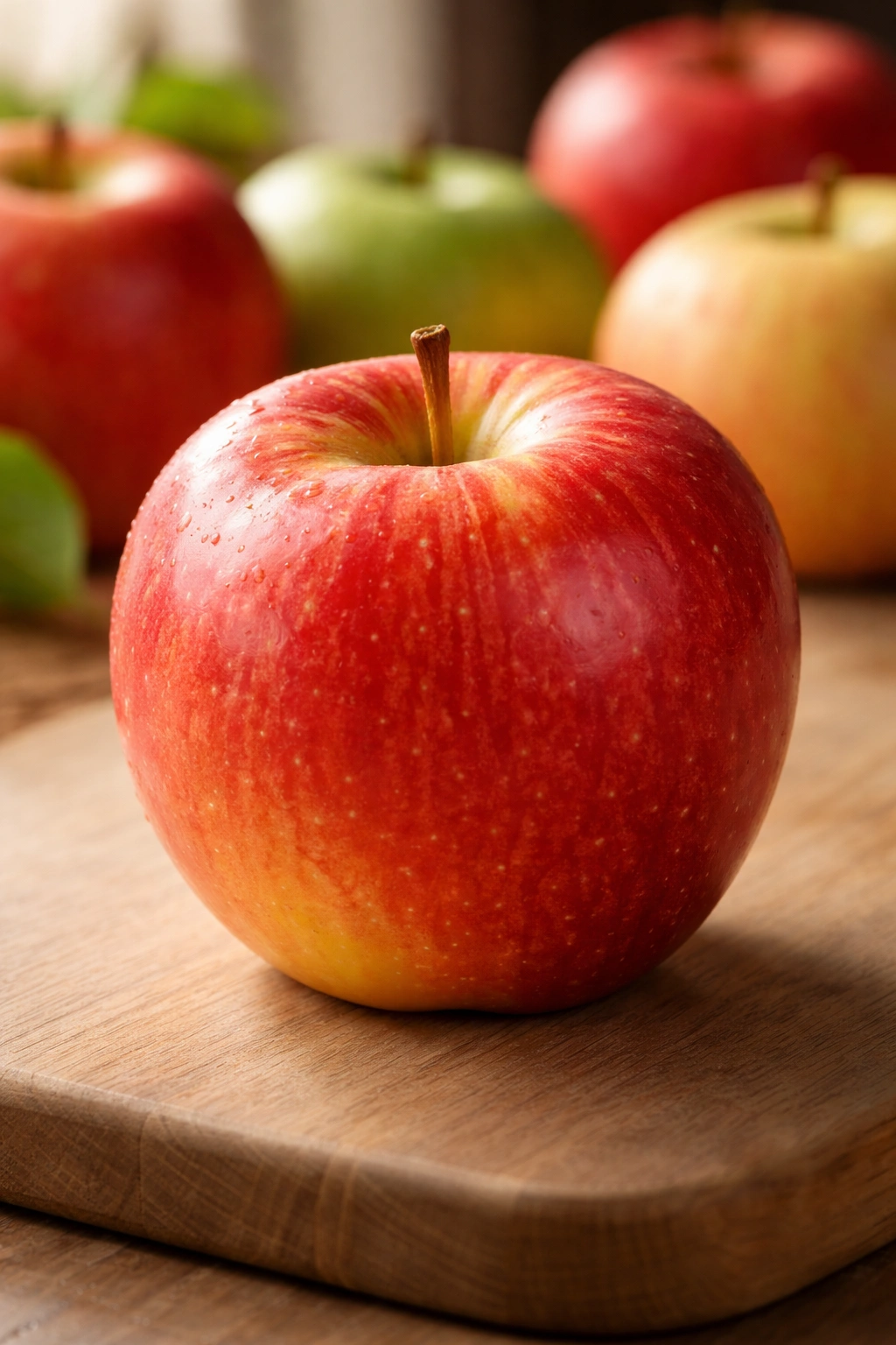 Close-up of a single Fuji apple with glossy red skin on a wooden surface