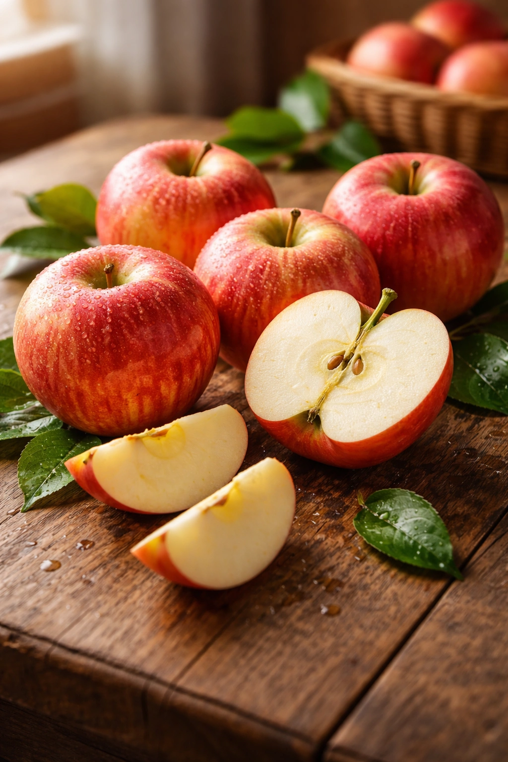 Cluster of Fuji apples on a wooden surface