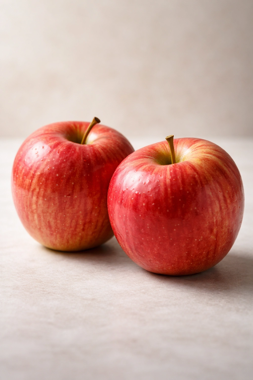 Two Fuji apples with glossy red skins on a neutral background