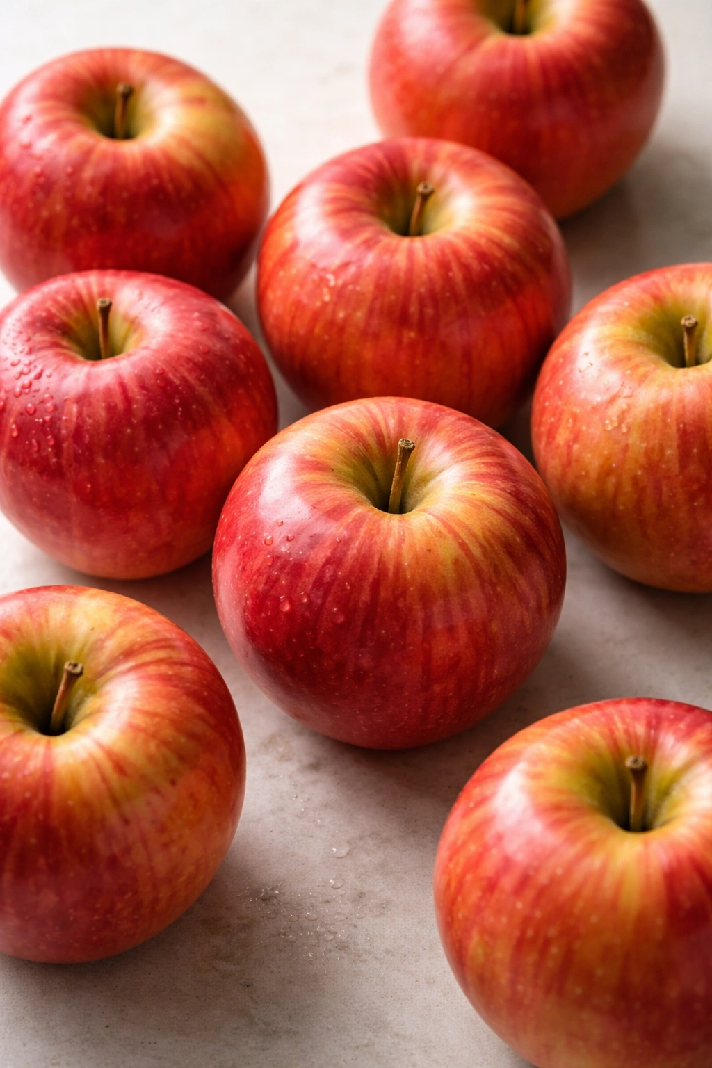 Group of Fuji apples showing shiny red skin on a neutral background