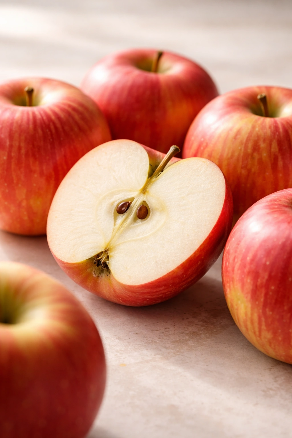 Fuji apples with a sliced interior showing crisp flesh