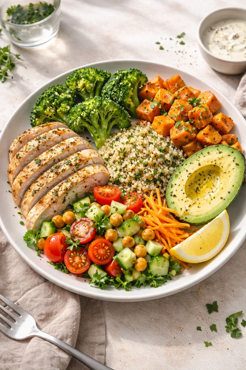 Plate piled with colorful vegetables, grains, and protein to convey fullness and satiety