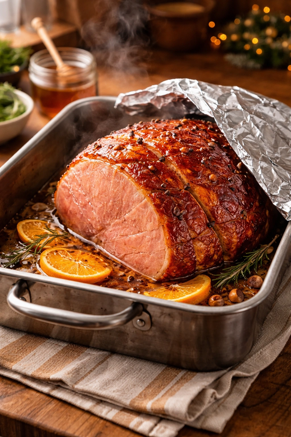 Fully cooked ham in roasting pan ready to reheat.