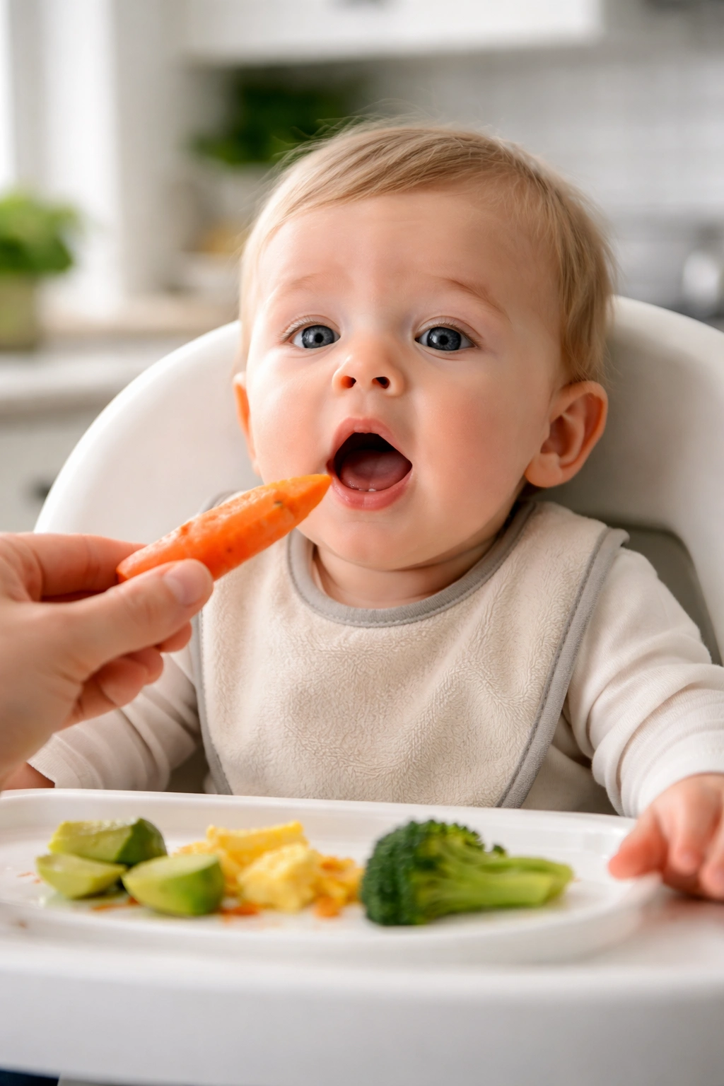 Baby showing gag reflex with soft food near mouth