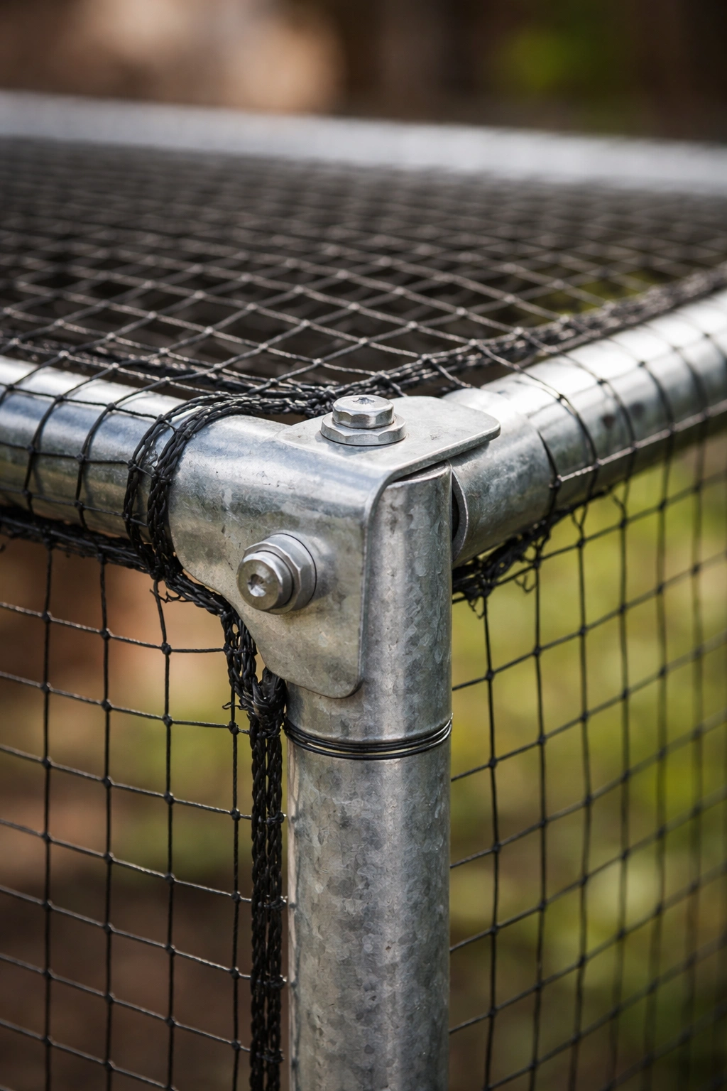 Close-up of galvanized steel frame and mesh netting used in a fruit cage