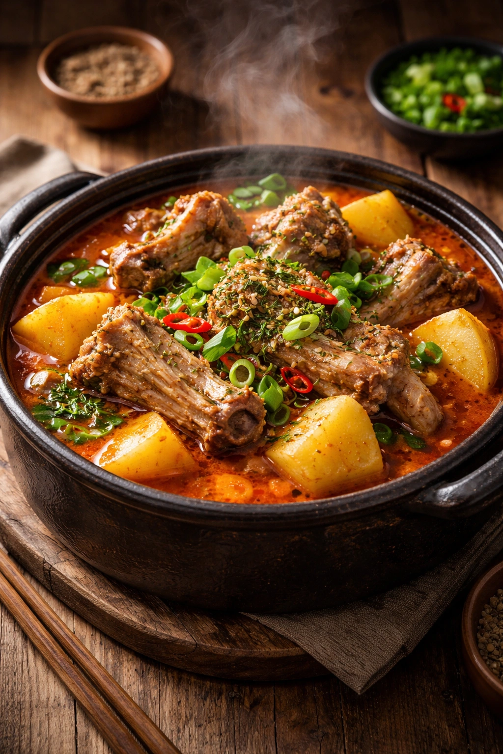 Gamja-tang pork and potato stew in a rustic pot with red broth