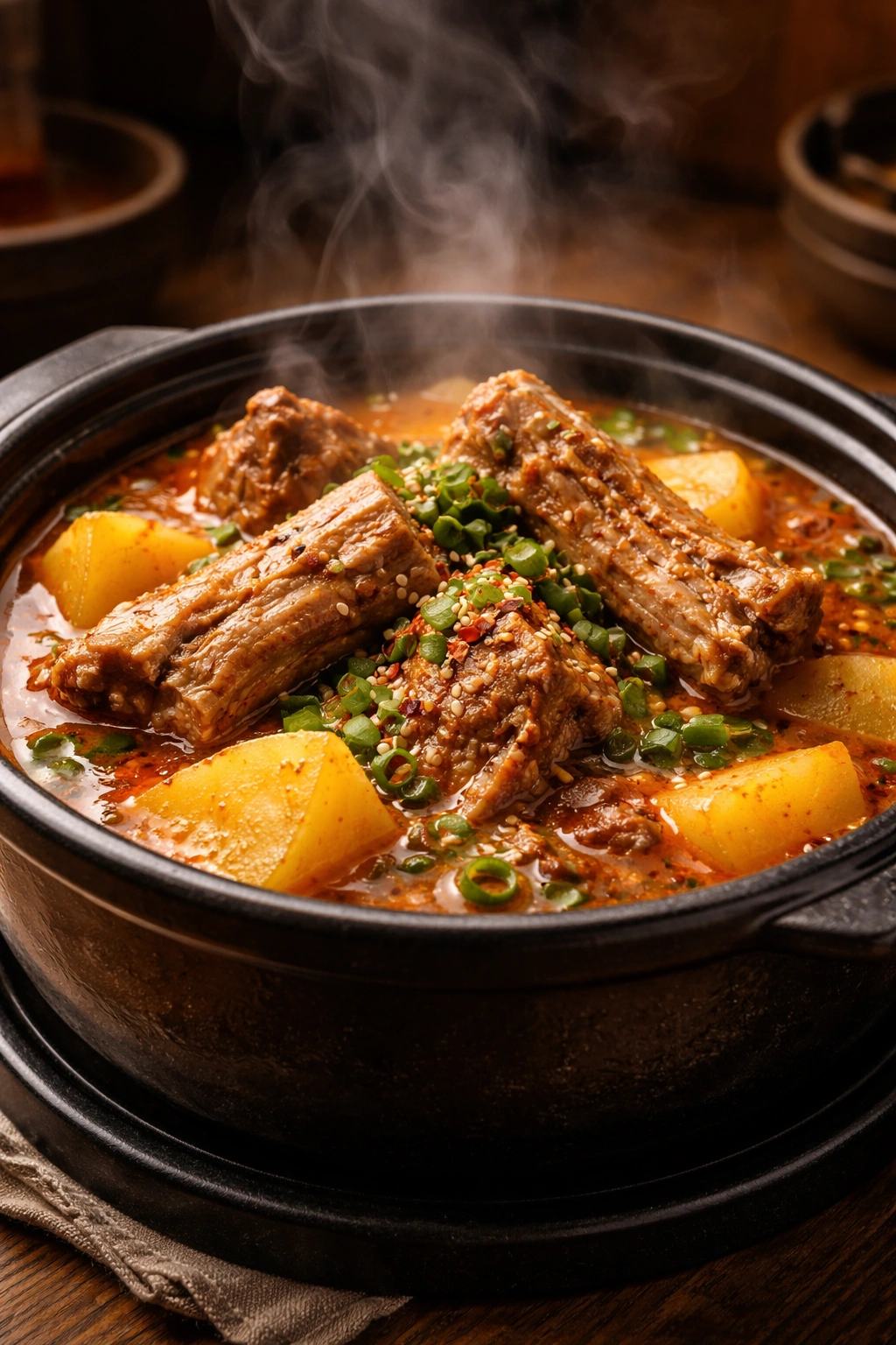 Steaming Gamja-tang with pork ribs and potatoes in a stone pot
