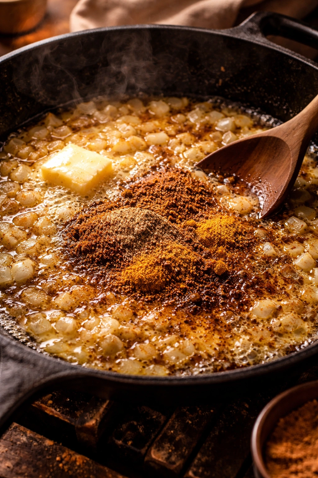 Spices blooming in butter with onions in a pan.