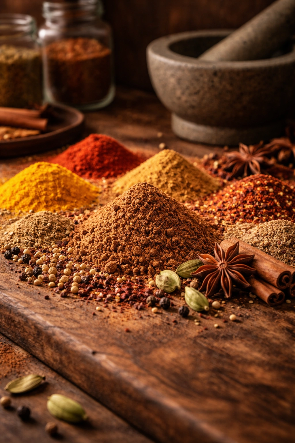 Vibrant ground spices arranged for garam masala on wood