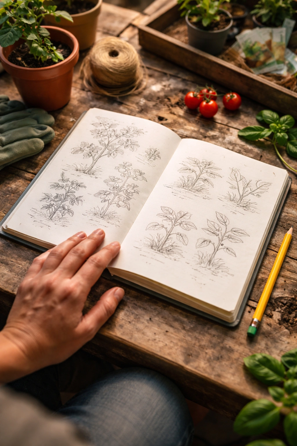 Hand on a garden journal with plant sketches in a sunlit workspace