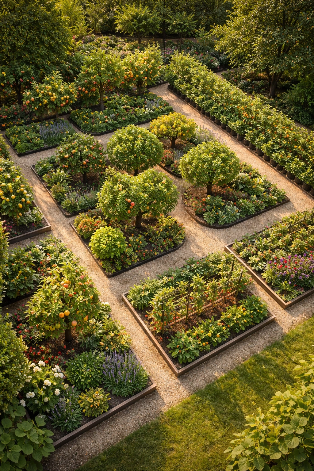 Top-down view of a designed fruit garden layout with guilds and hedgerows