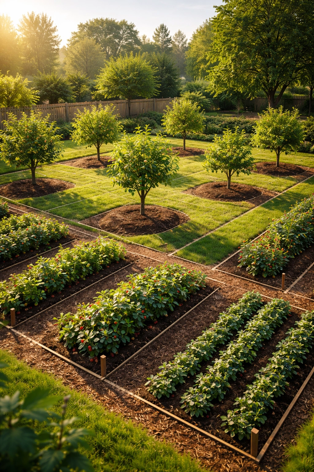 Backyard fruit garden layout with evenly spaced trees and berry beds