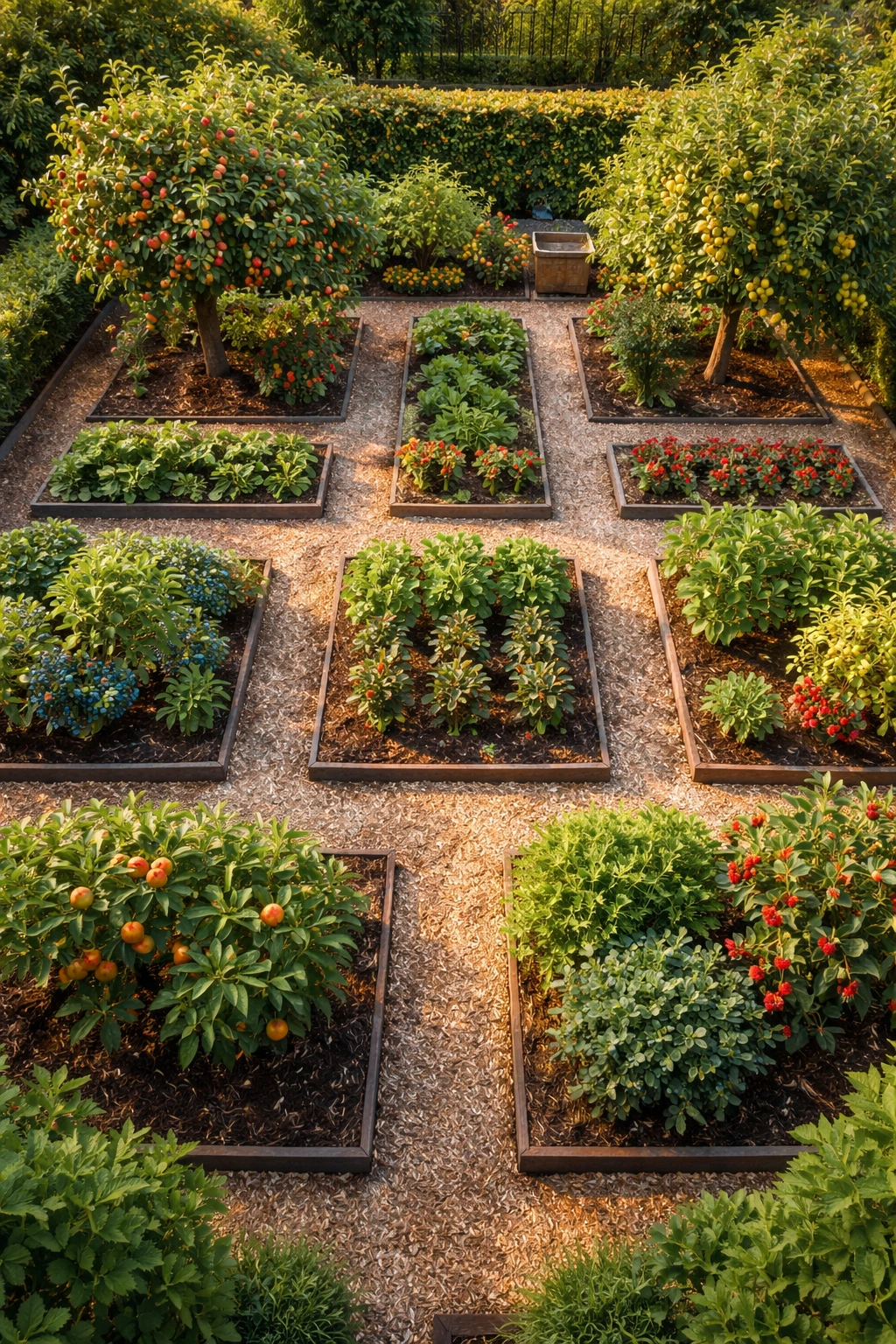 Top-down view of a planned fruit garden with neatly spaced beds and paths