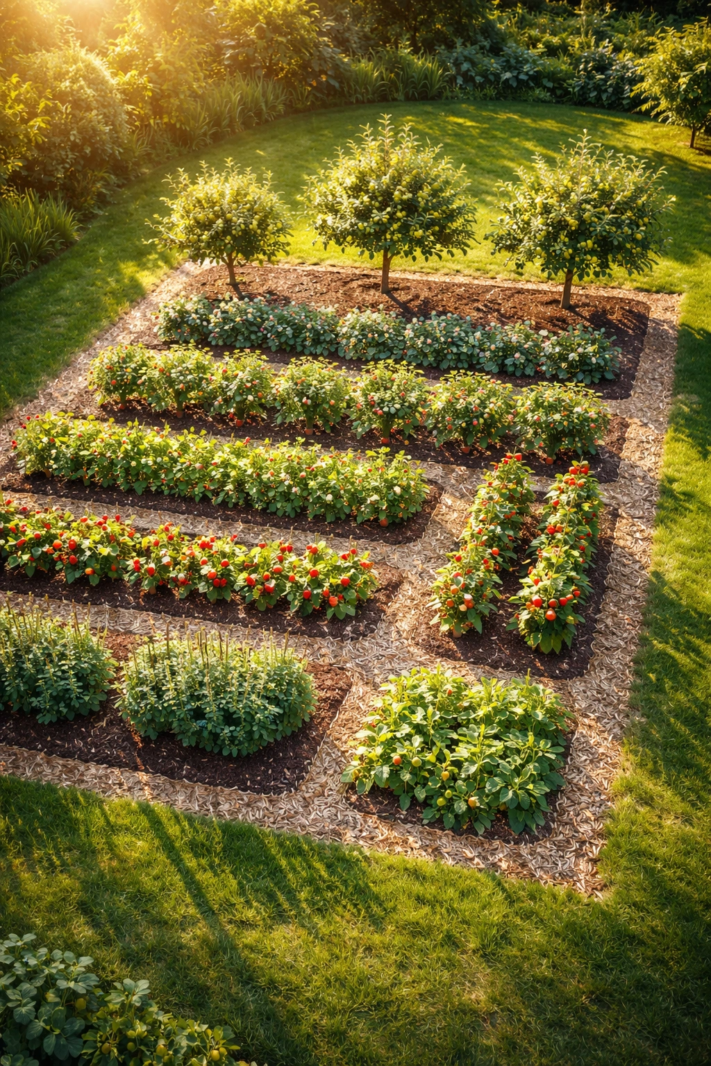 Overhead garden layout with evenly spaced plant silhouettes