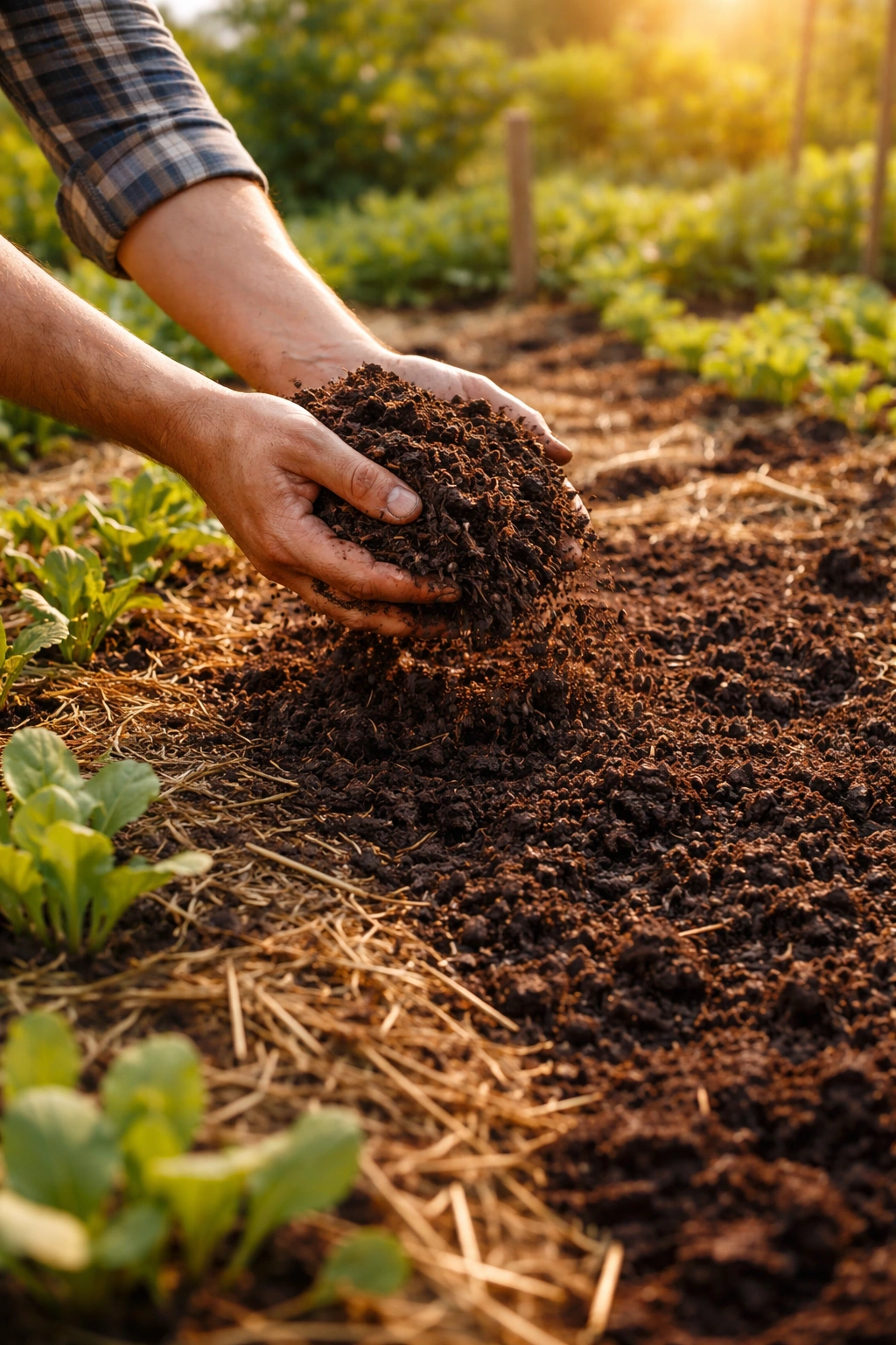 Hands spreading compost on a garden bed for March maintenance