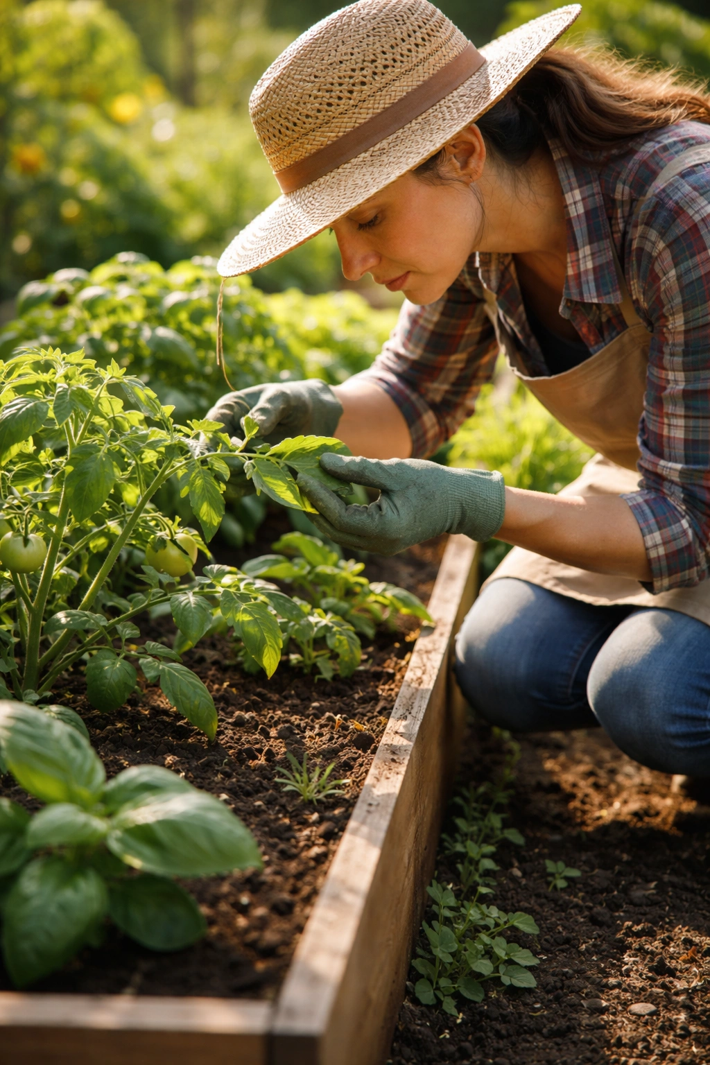 Gardener inspecting leaves for pests during a morning garden walk