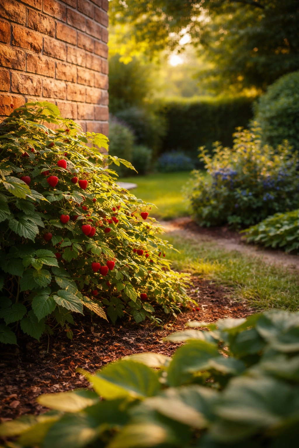 Berry bush by warm wall with cooler shaded area illustrating garden microclimates