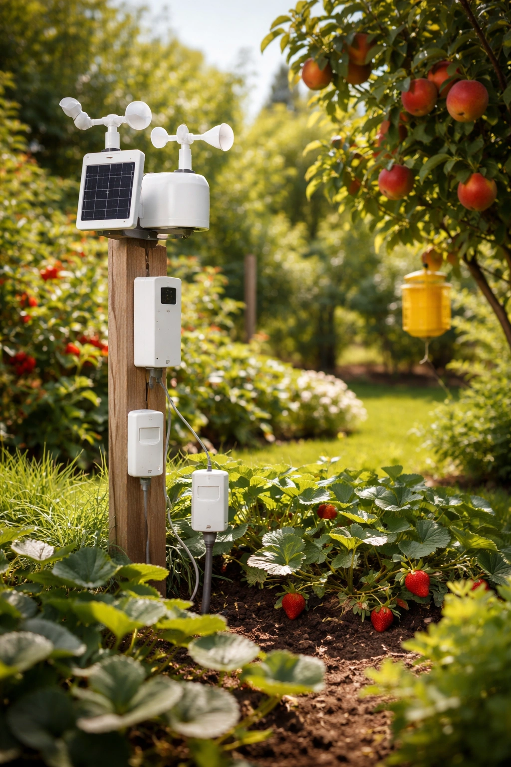 Technology-based garden monitoring with sensors in a fruit garden