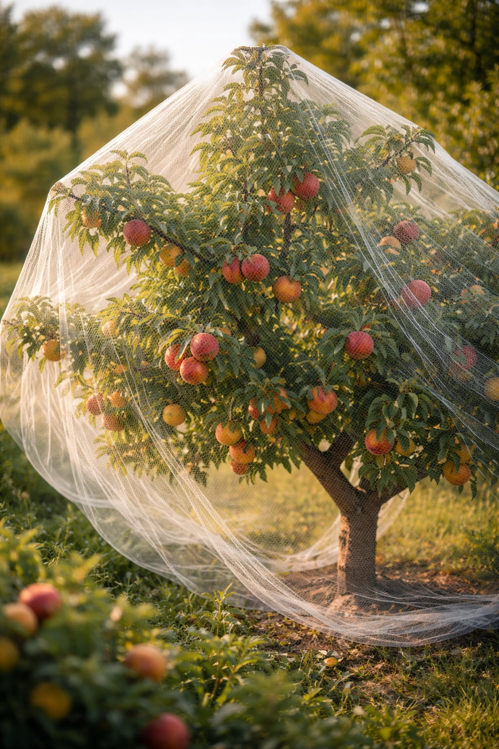Close up of a tree protected by garden fruit netting in a sunlit orchard
