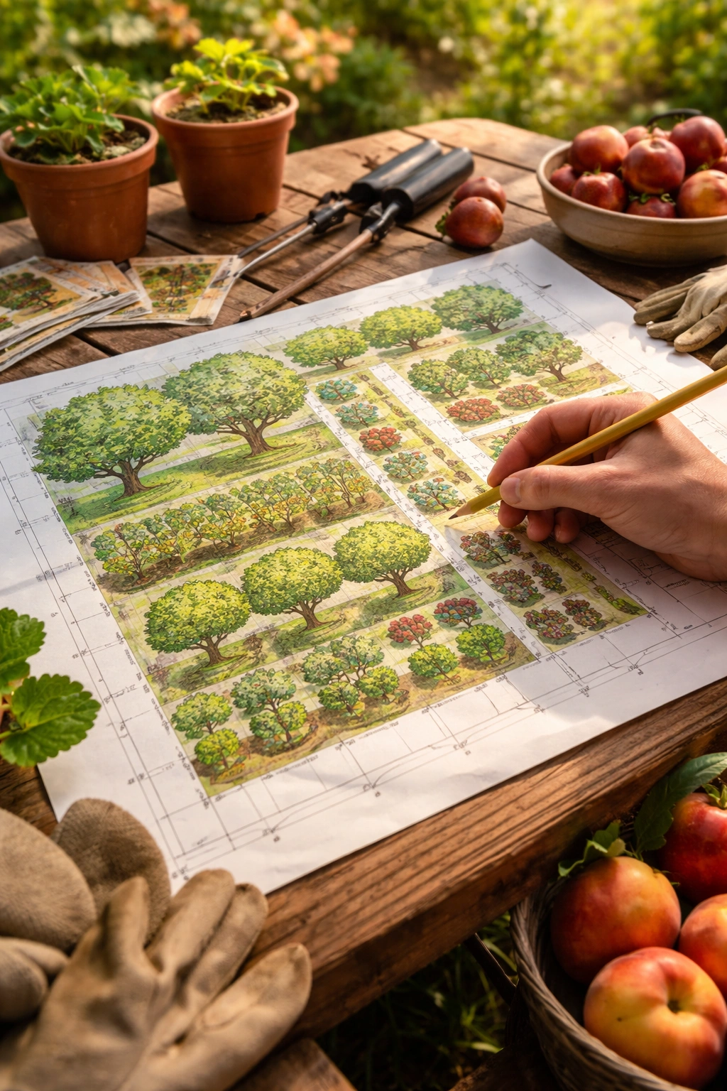 Hand on scaled fruit garden plan with abstract plant icons