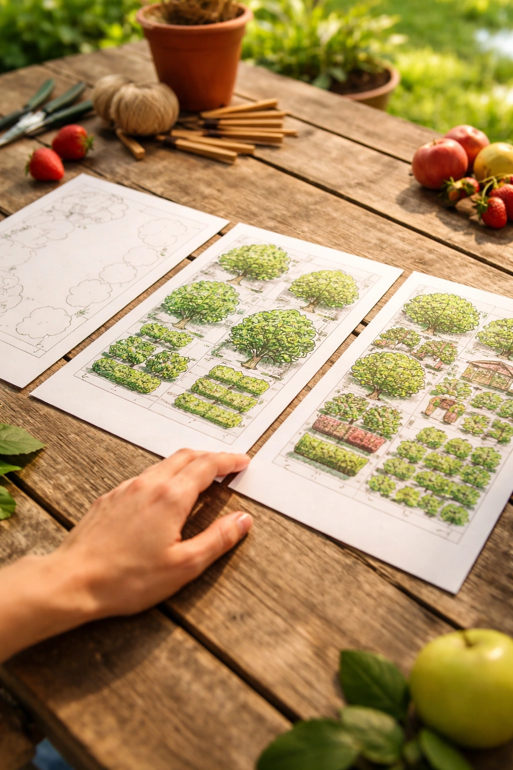 Hands flipping through blank garden plan sheets showing progressive layouts