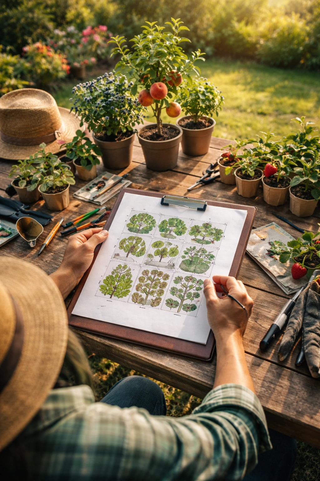 Gardener planning fruit garden layout with clipboard and tape measure in a sunny yard.