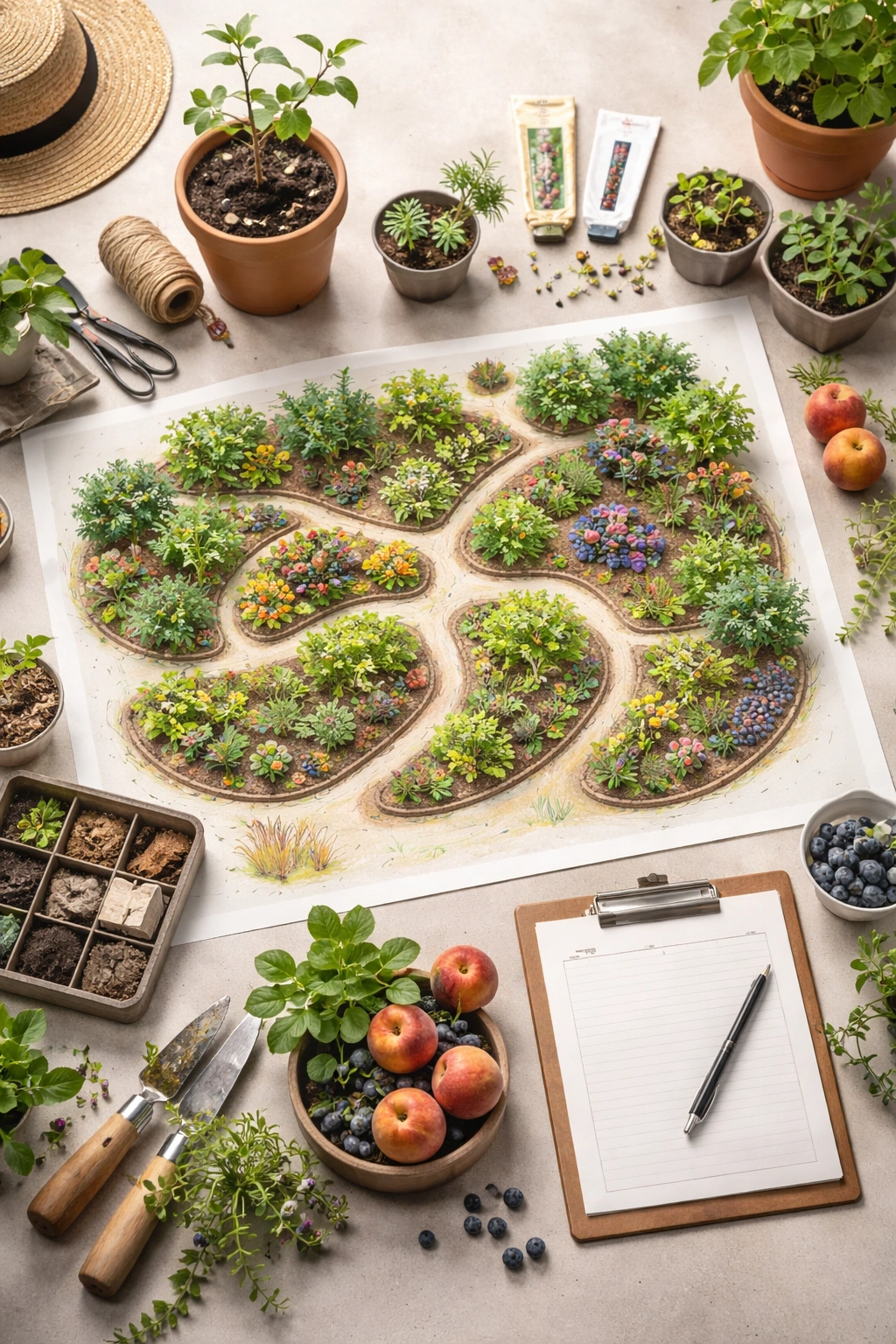Abstract garden planning layout viewed from above with curved beds, no text.
