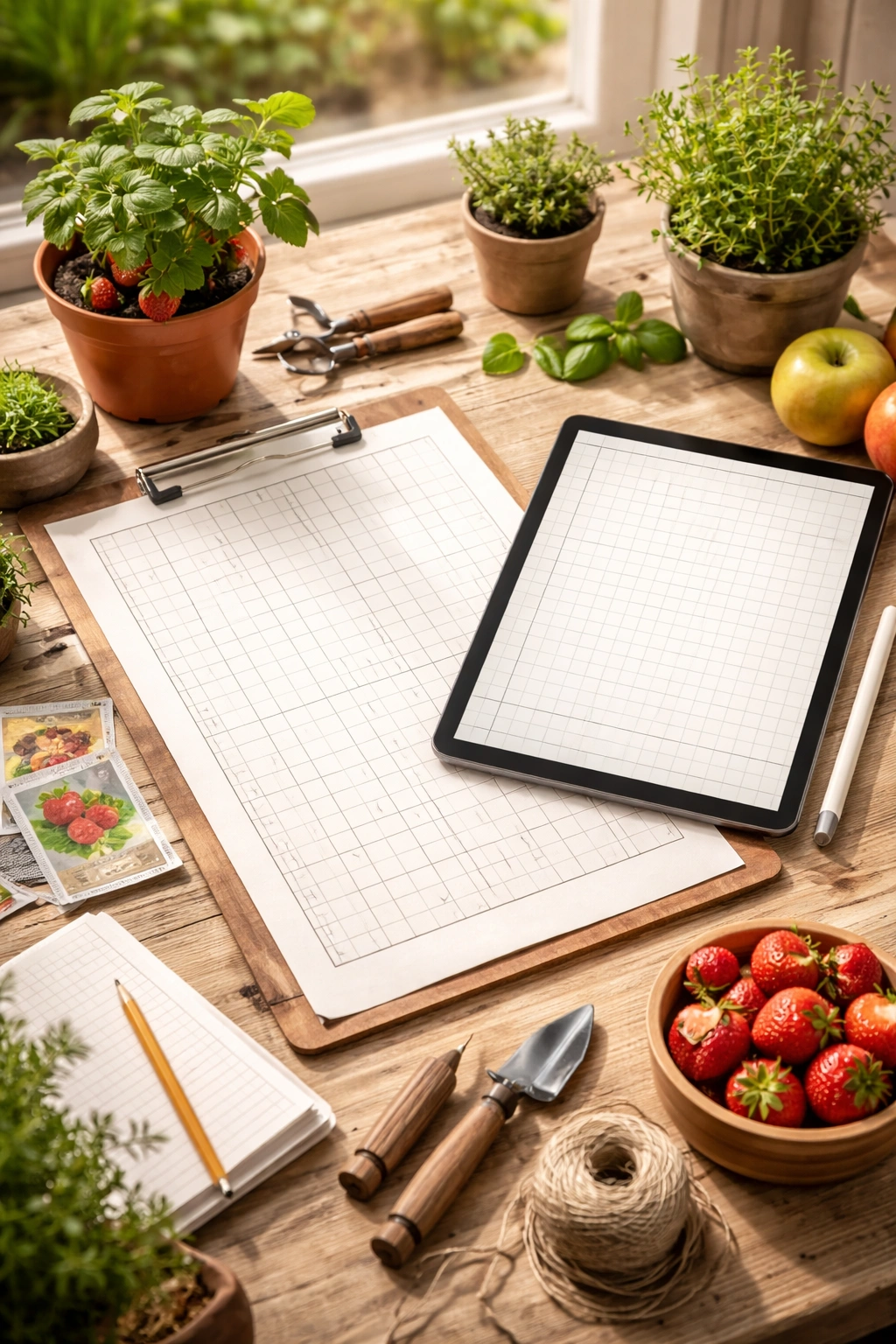 Desk setup with grid garden map, stylus, and tablet for planning