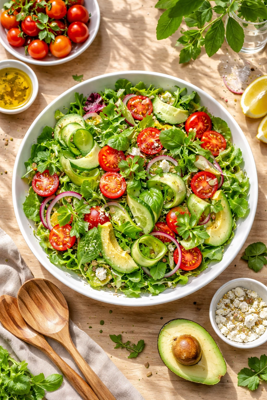 Bright bowl of fresh garden salad with greens, tomatoes, cucumbers and herbs in sunlight.