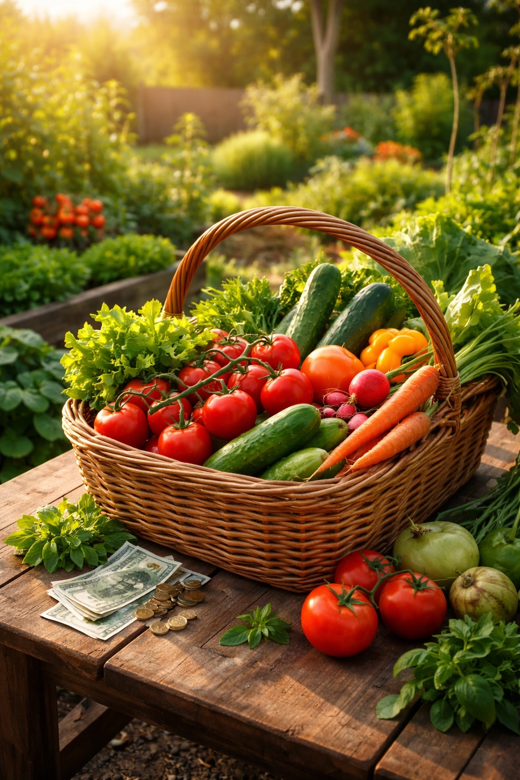 Backyard harvest in a wooden basket under warm sunlight