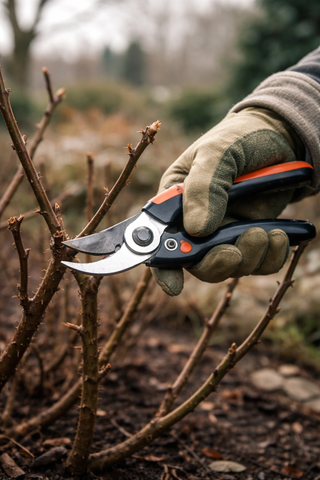 Close-up of pruning roses during winter dormancy