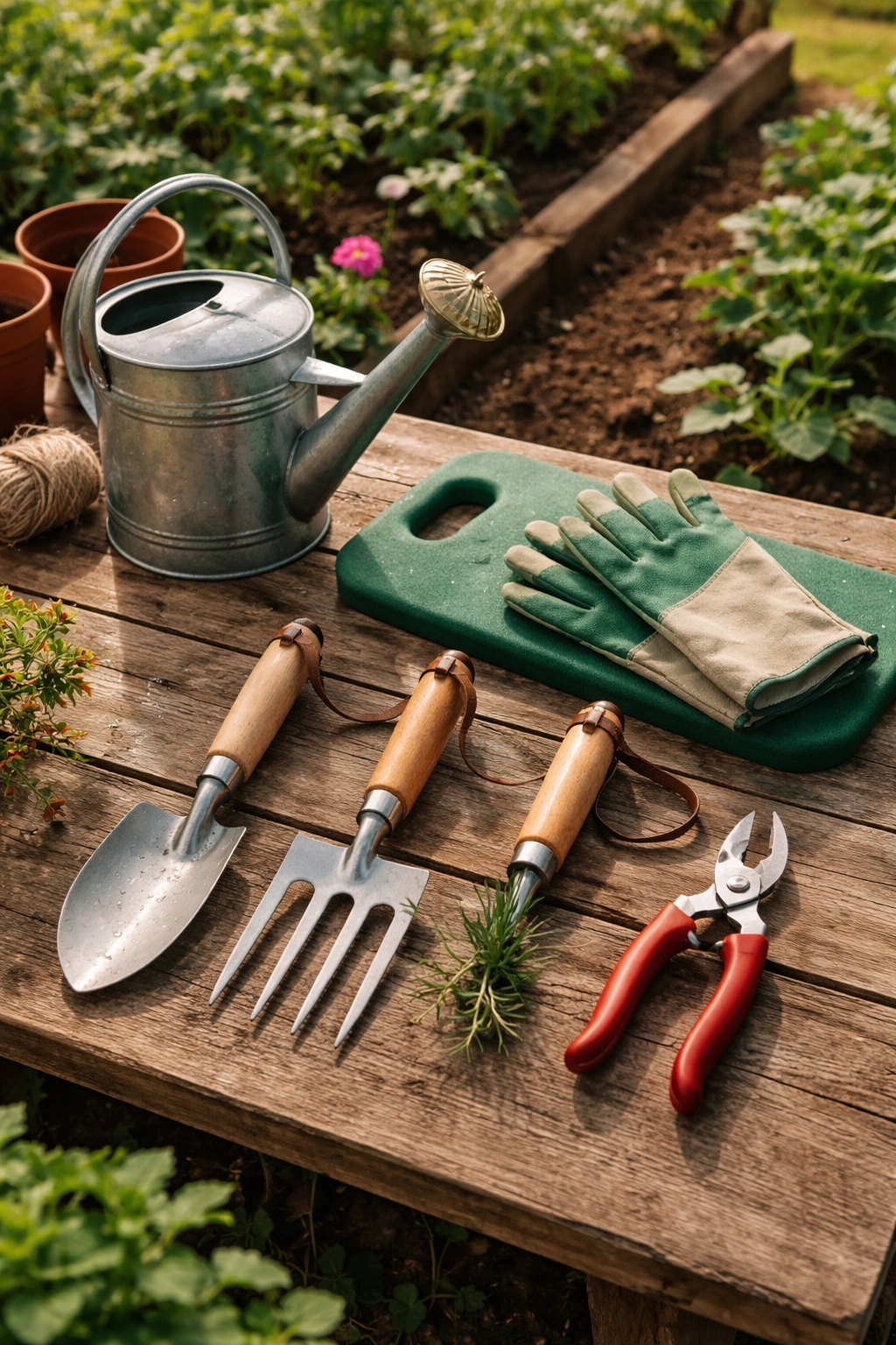 Basic garden tools arranged on wood surface: trowel, fork, shears, watering can, gloves, kneeling pad