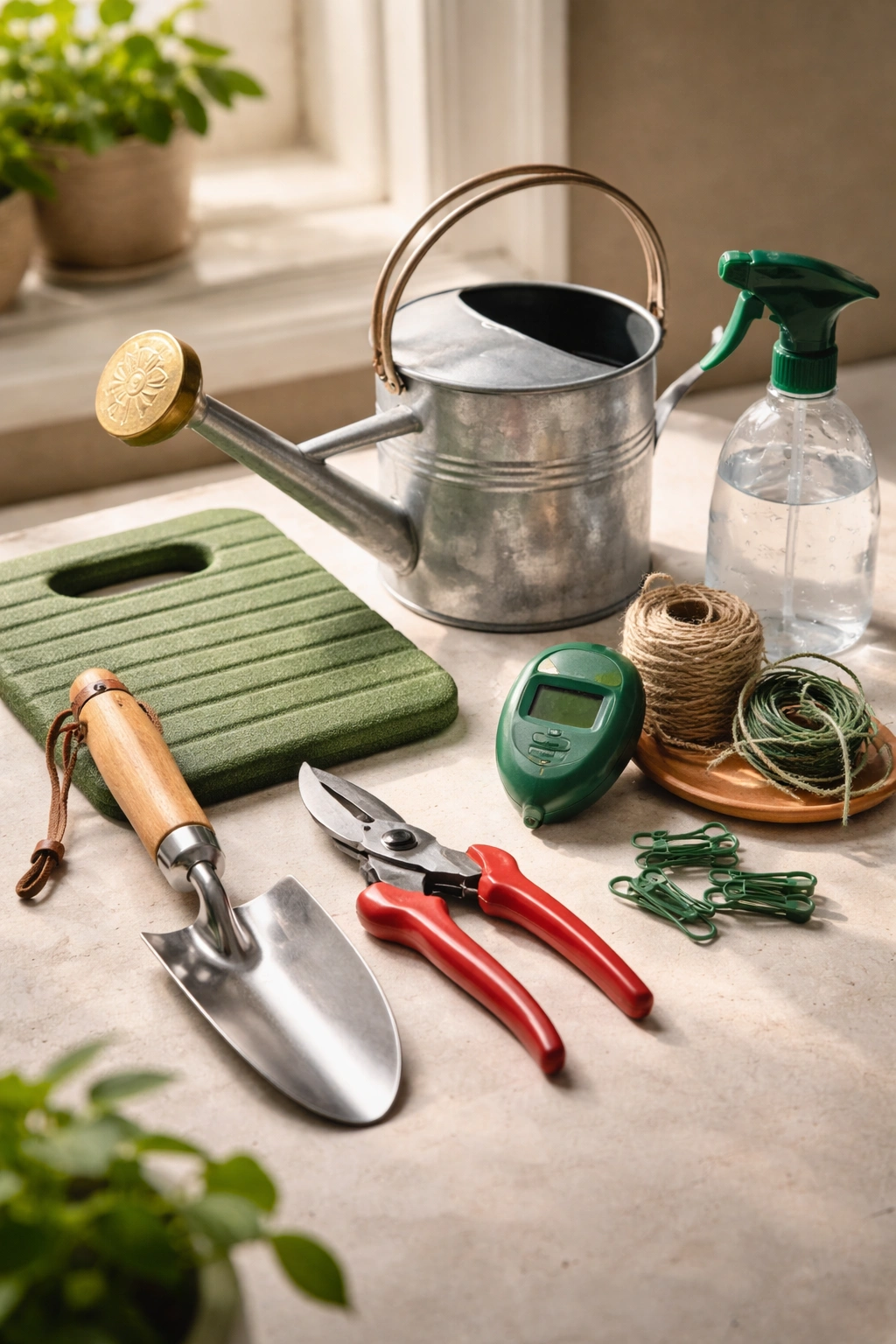 Assorted garden tools and supplies laid out neatly