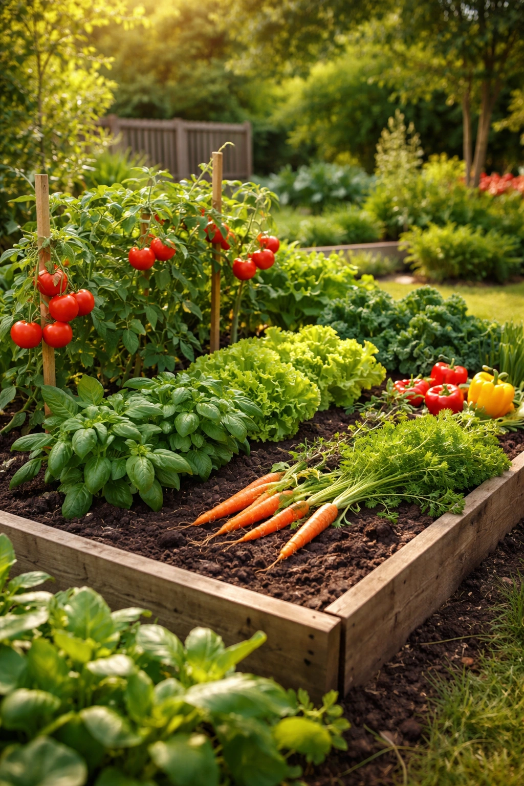 Home garden bed with vegetables and herbs in a backyard