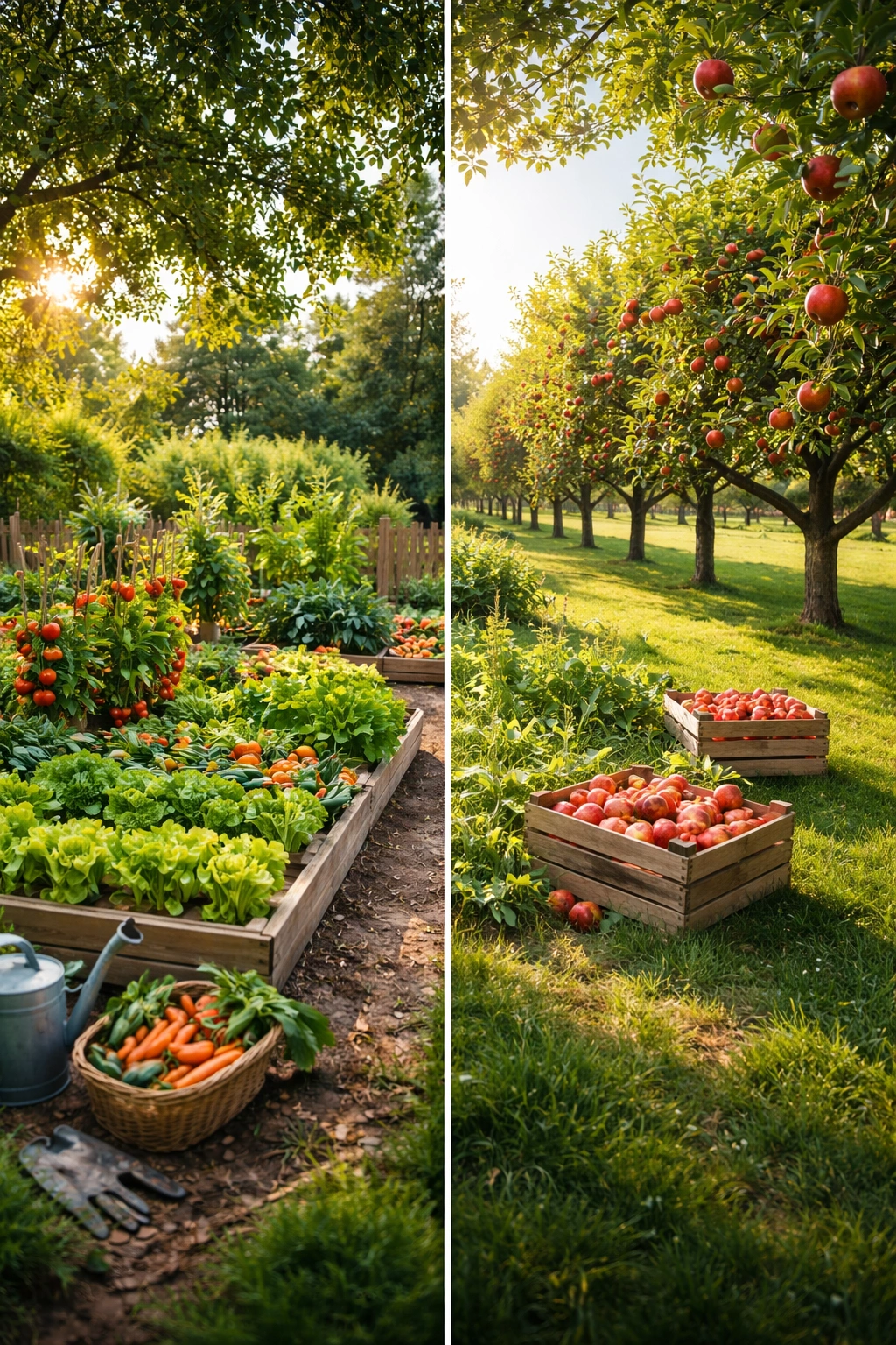 Split-scene of a backyard garden and small fruit orchard representing decision between paths.