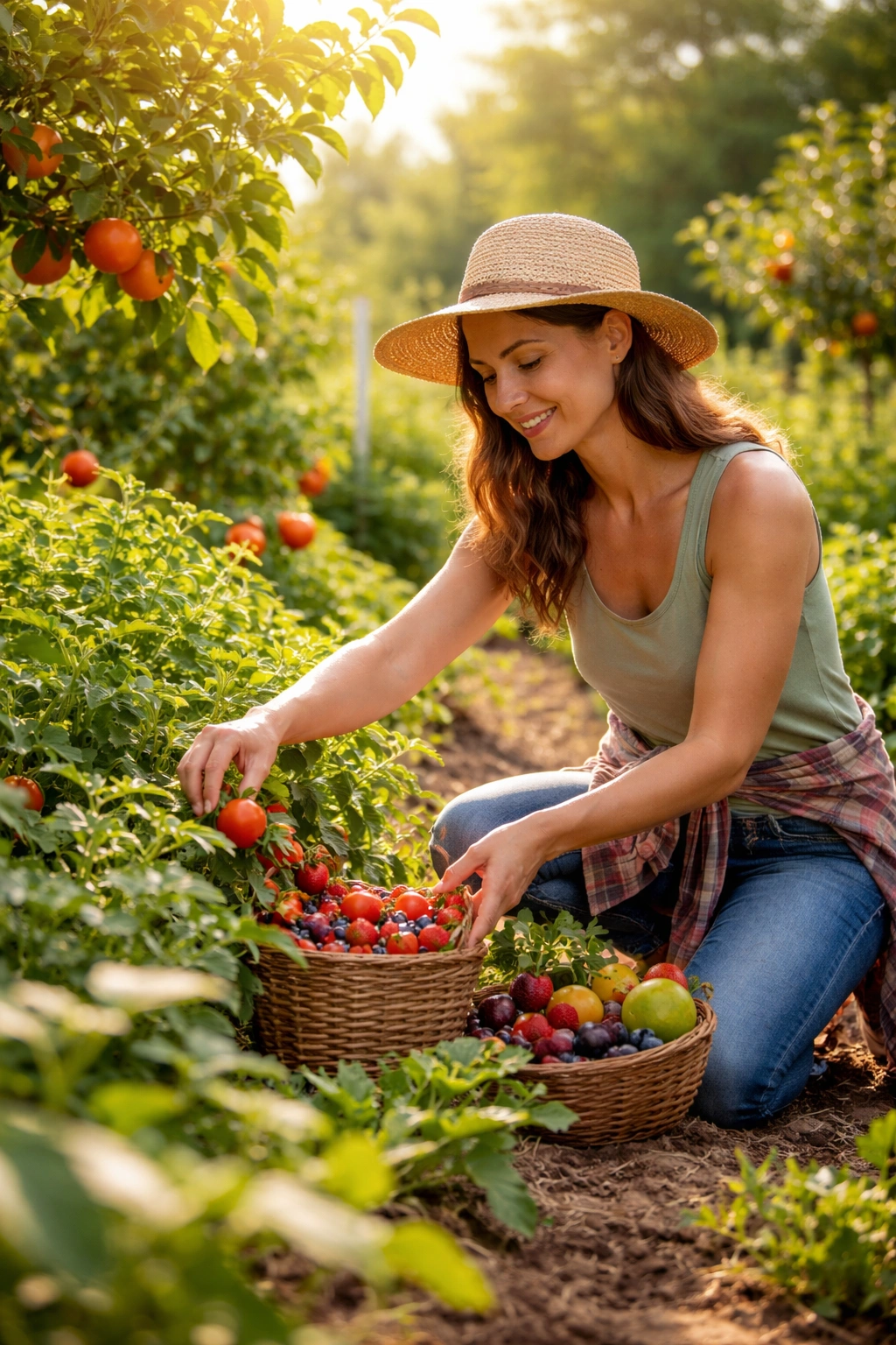 Person gardening in a sunlit orchard, illustrating physical activity and well-being.