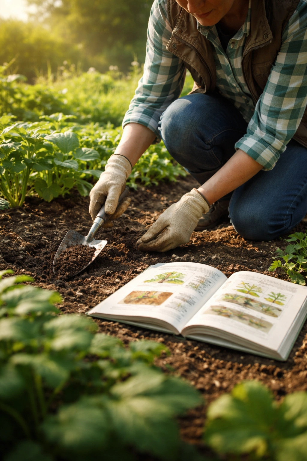 Gardener studying soil and plant diagrams to illustrate gardening knowledge.