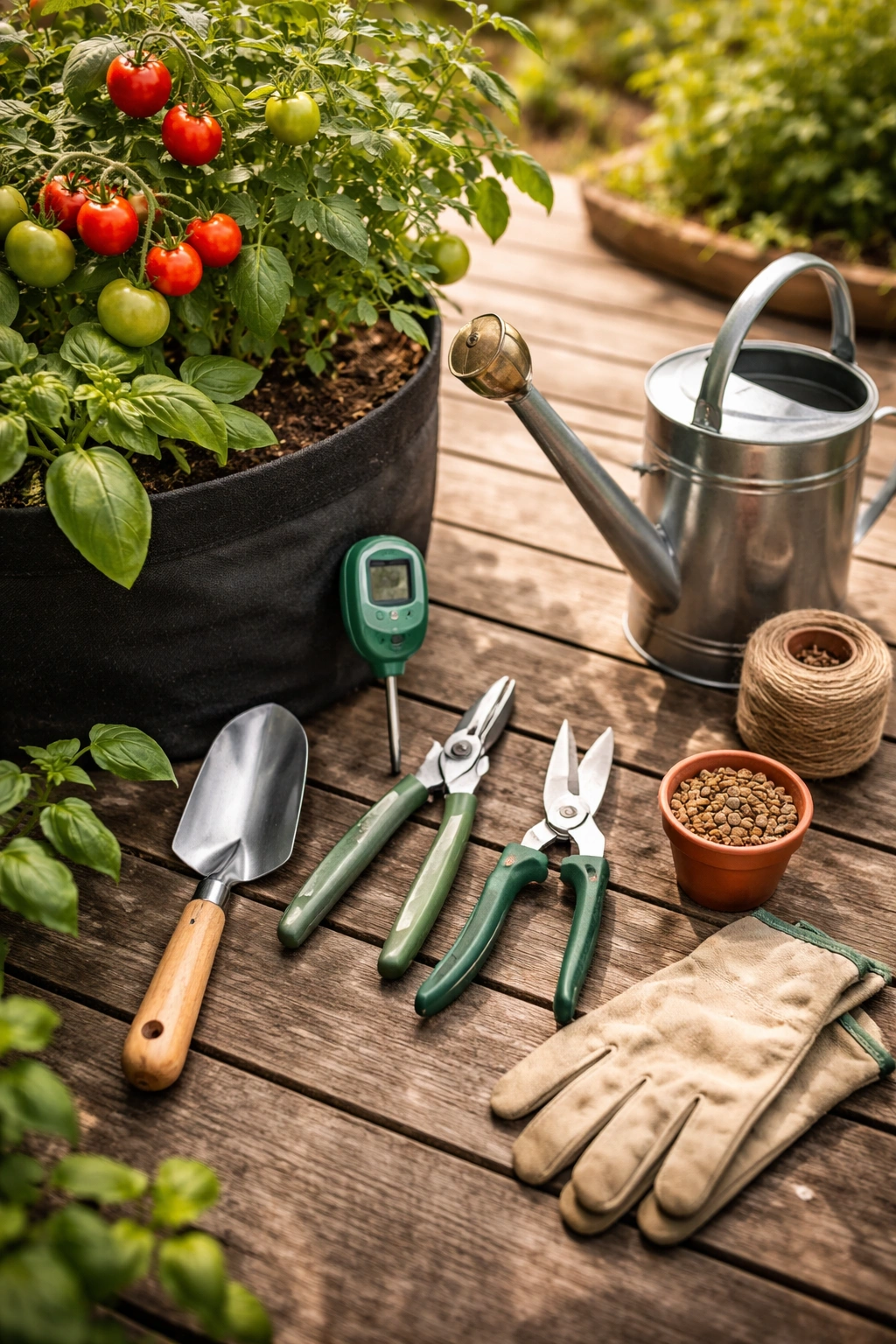 Collection of essential container gardening tools next to a pot