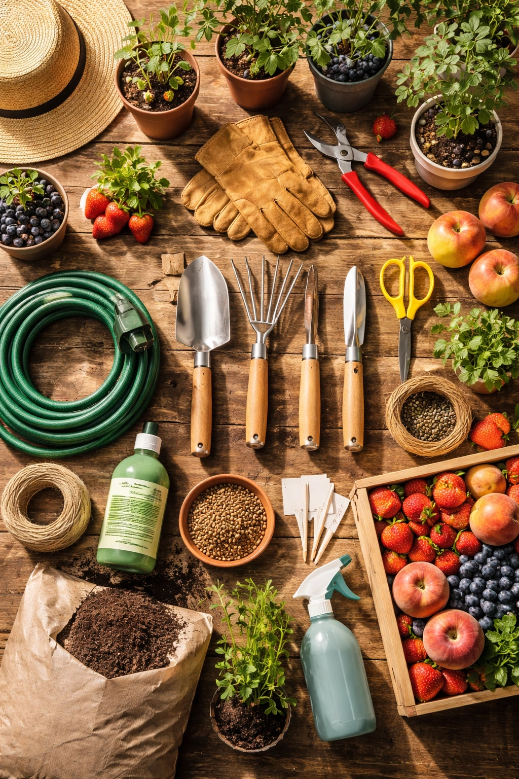 Top-down view of neatly arranged fruit gardening tools on a wooden surface.