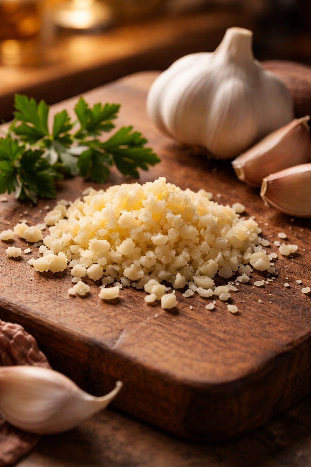 Minced garlic with whole cloves and parsley on a cutting board