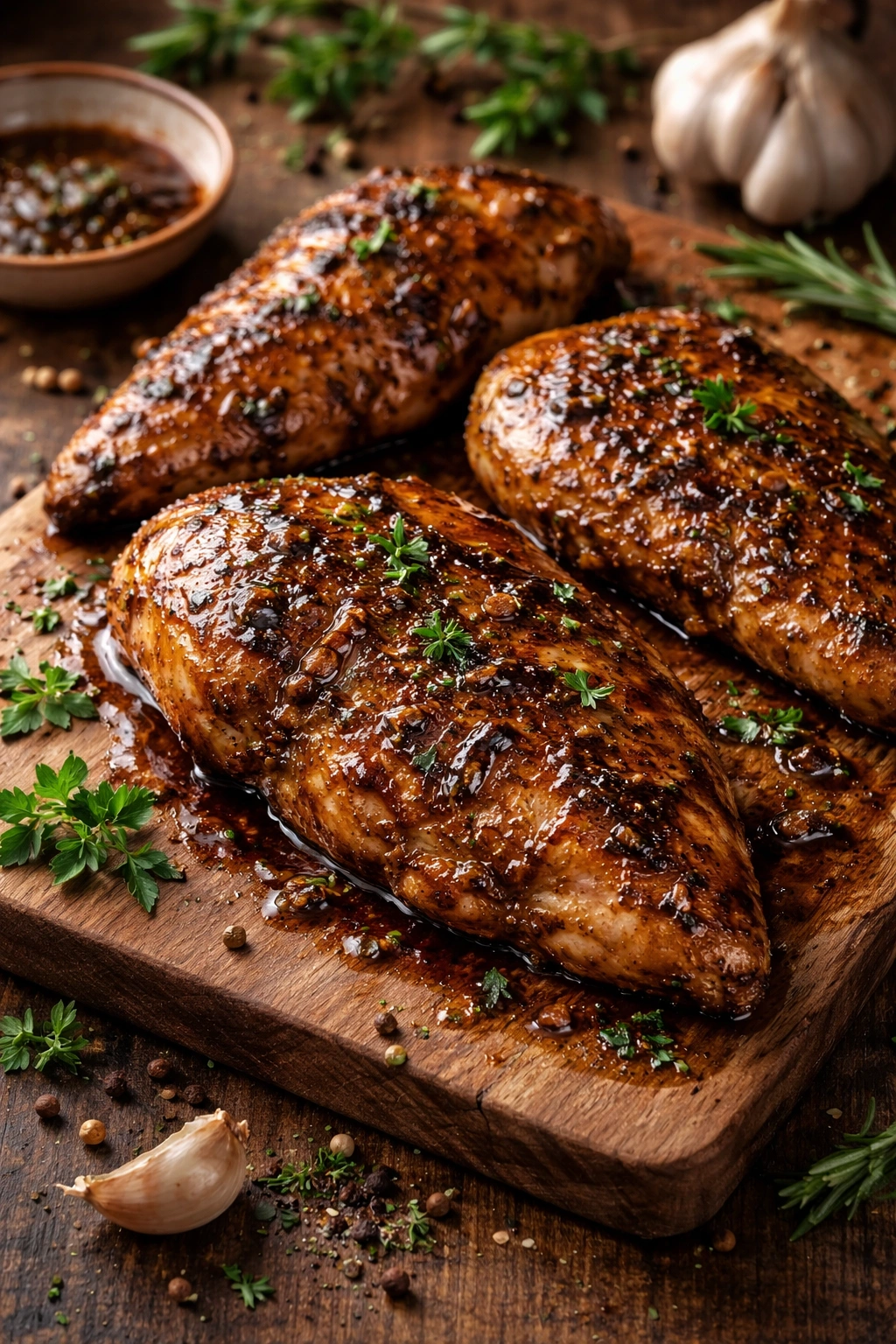 Close-up of chicken in garlic balsamic marinade