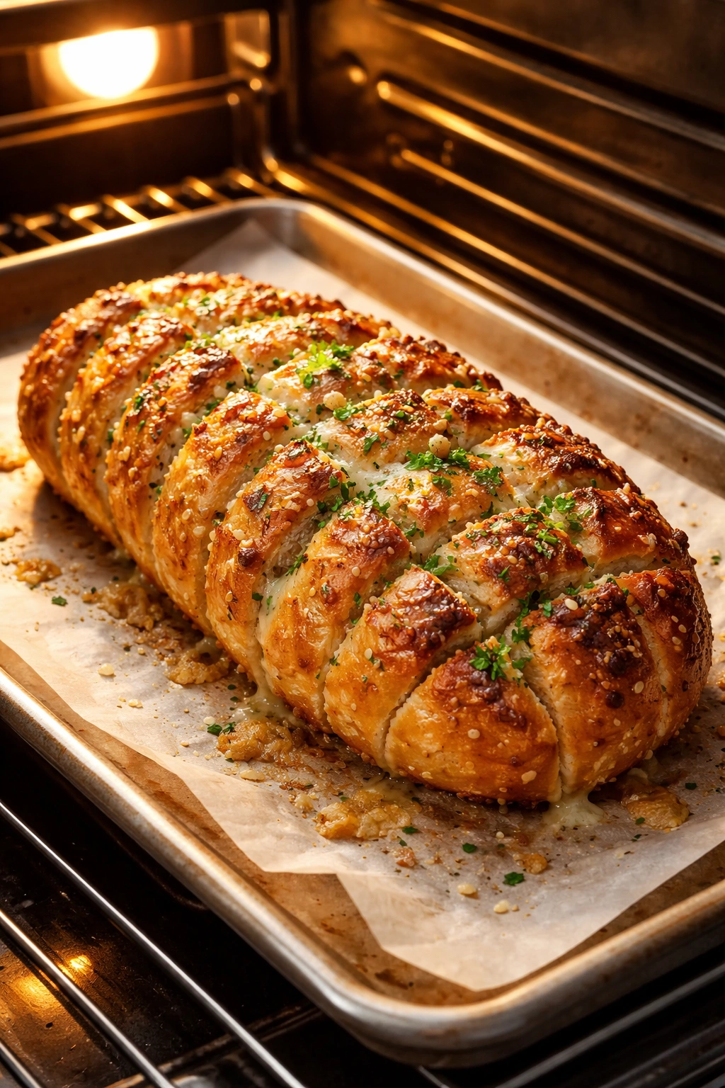 Garlic bread loaf with golden crust on baking sheet