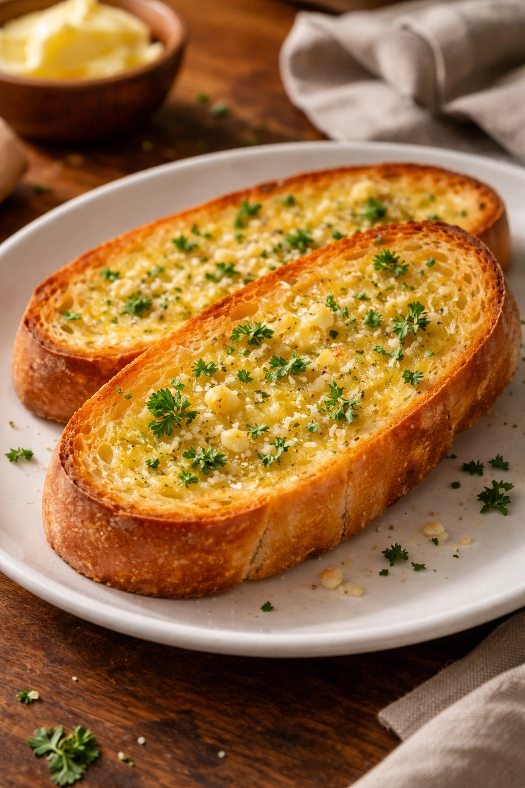 Garlic bread slice on a plate with melted butter