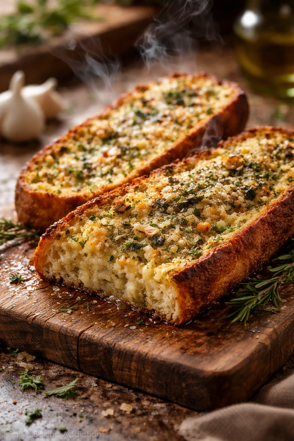 Close-up of garlic bread slice on wooden board with steam and golden crust
