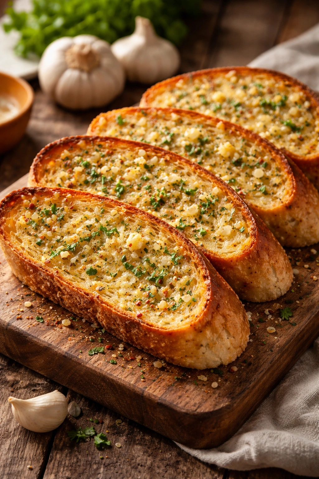 Close-up of crispy garlic bread slices on a wooden board with butter and garlic