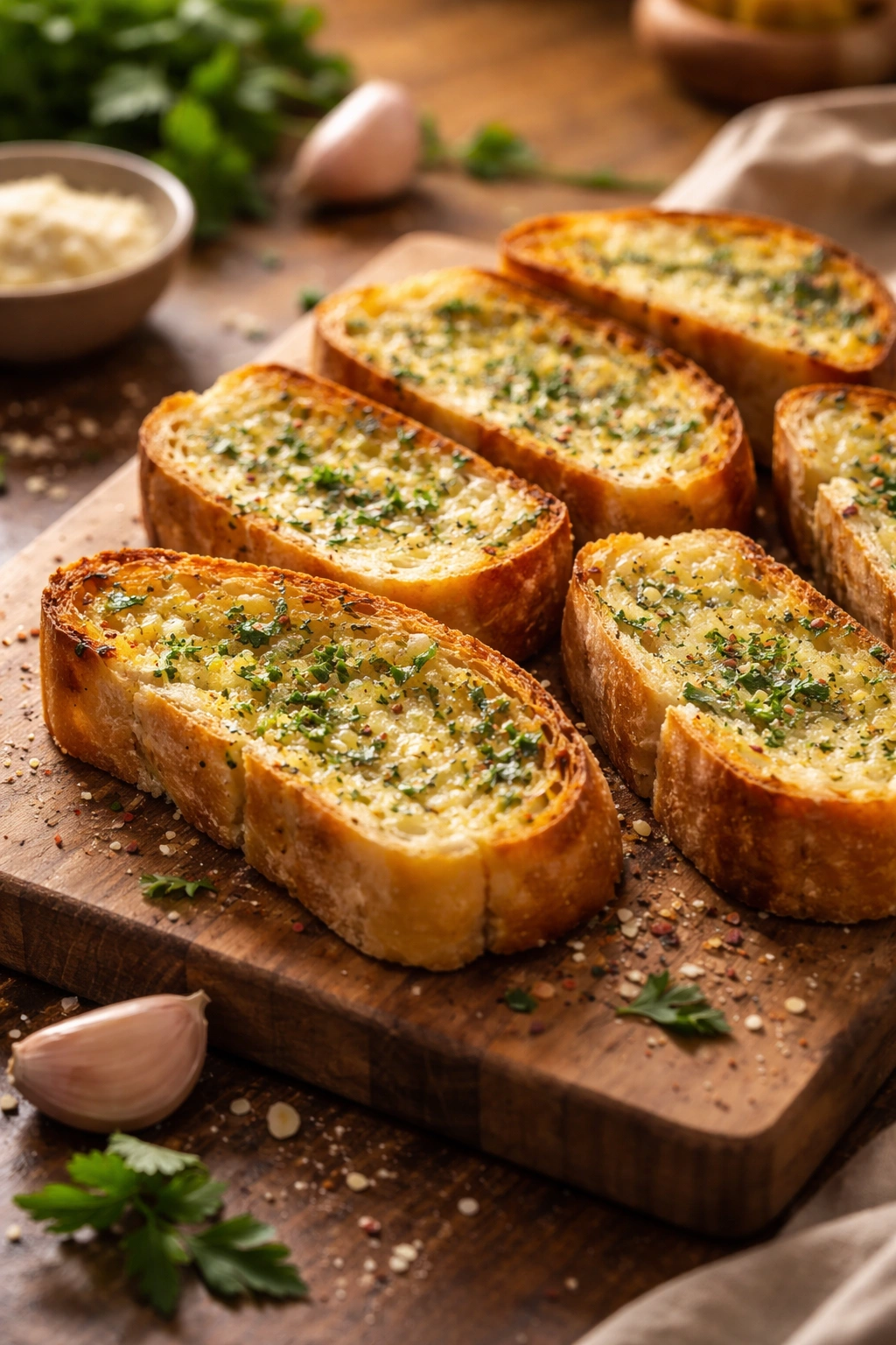 Garlic bread slices on a wooden board under warm kitchen lighting