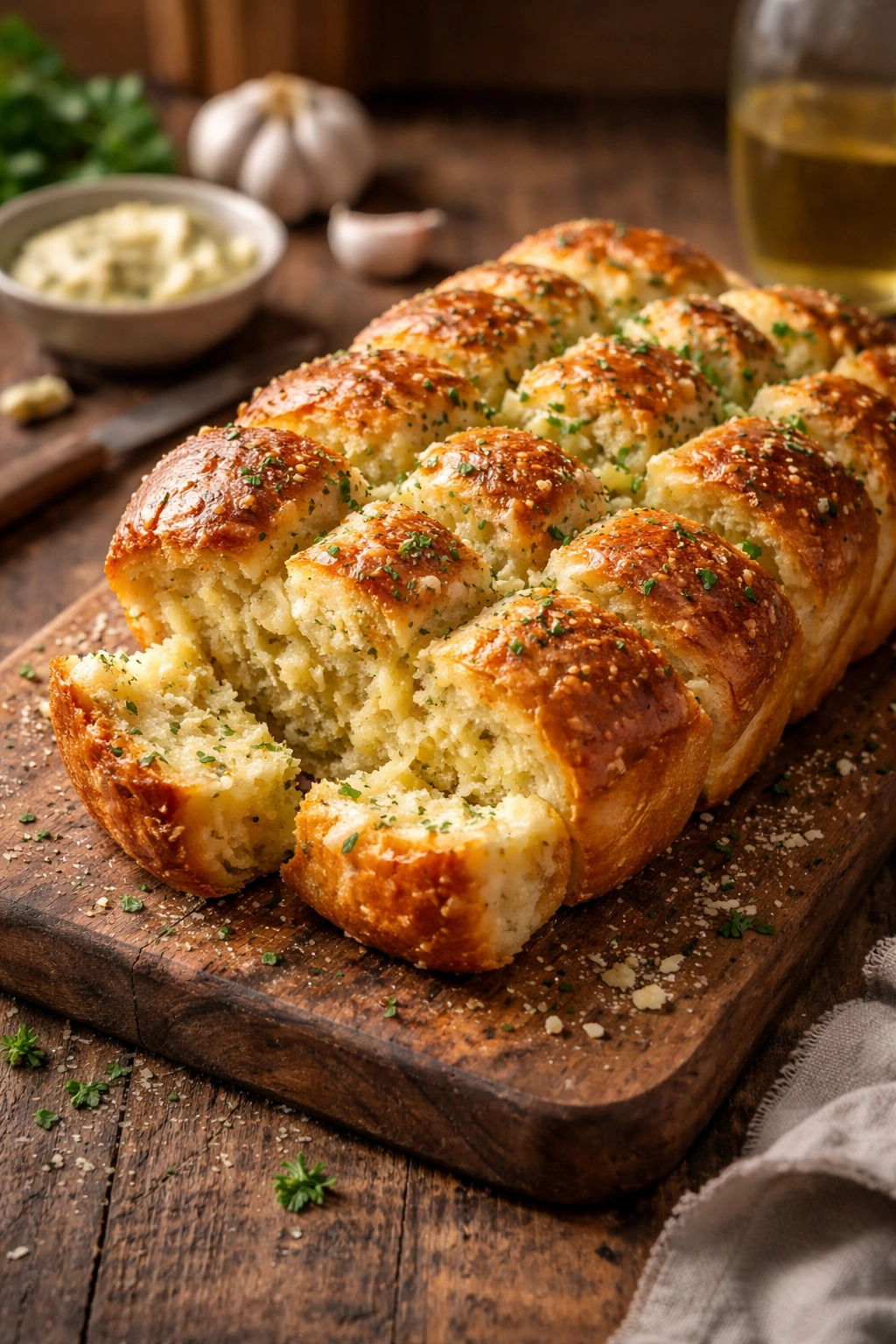Golden pull-apart garlic bread on a wooden cutting board, finished and ready to serve