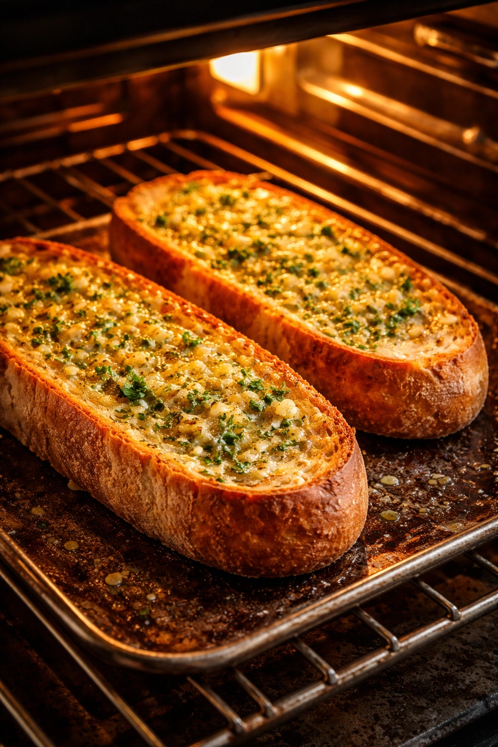 Close-up of crusty bread half with garlic butter brushed on, baking in warm oven glow
