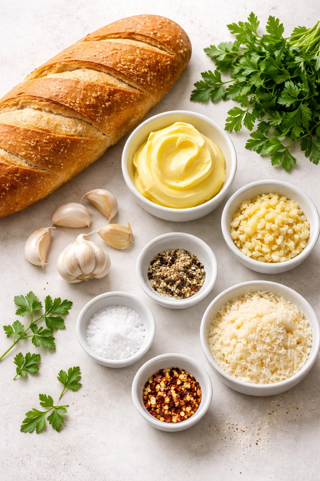 Crusty bread, butter, and garlic on a plain surface ready for garlic bread prep